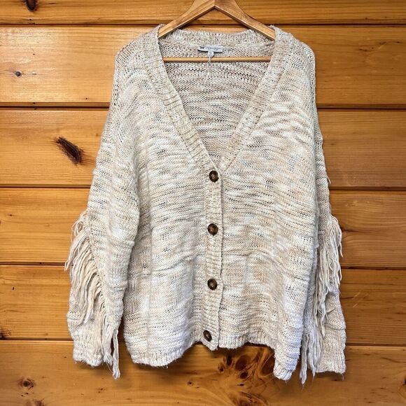 Jessica Simpson Fringe Cardigan 4X Boho Western Beige Button Down - Picture 1 of 5